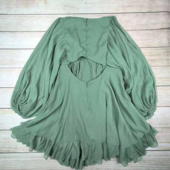 ASOS DESIGN Maternity Mini Dress Sage Green Ruffle Balloon Sleeve Open Back US 8 - Picture 6 of 8